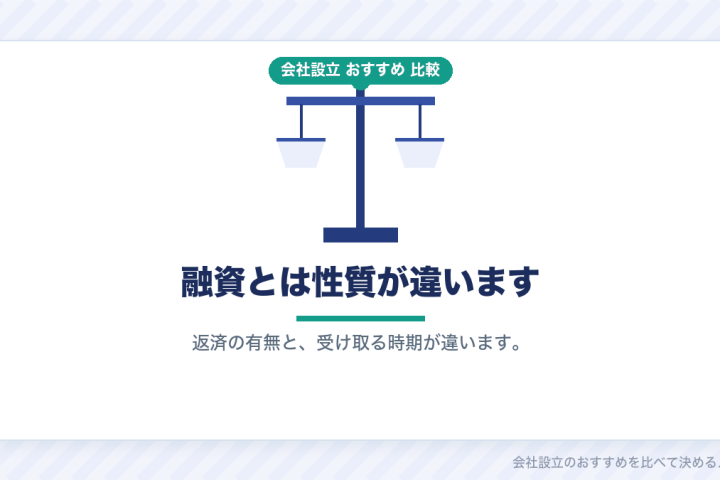 補助金と助成金は融資と別物です｜会社設立の直後に当てにしてよいのかを比較するの会社設立おすすめ比較イラスト