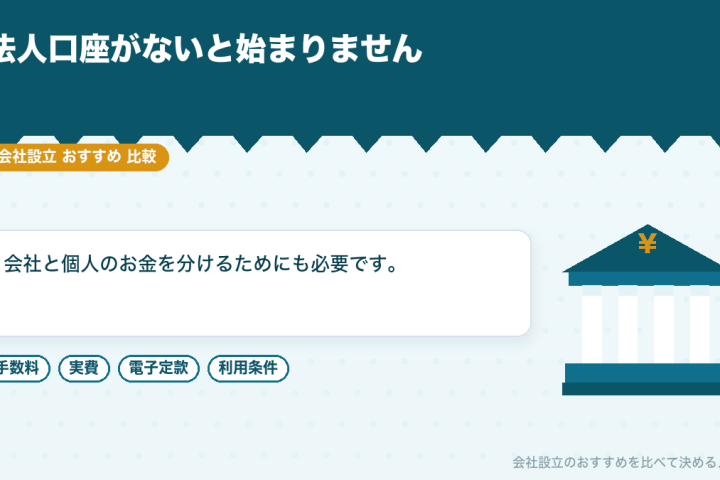 会社設立の直後に法人口座を開く｜必要書類と、審査で見られるところを比較するの会社設立おすすめ比較イラスト