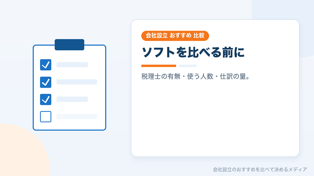会社設立で会計ソフトを比較する前に決めることを示したイラスト