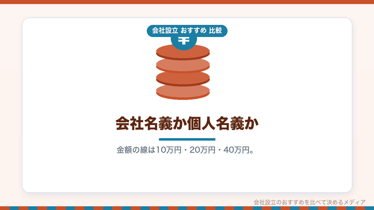 会社のパソコンを会社名義と個人名義で買う場合の考え方を示したイラスト