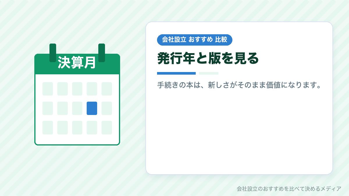 会社設立の本の発行年と版を確かめる様子のイラスト