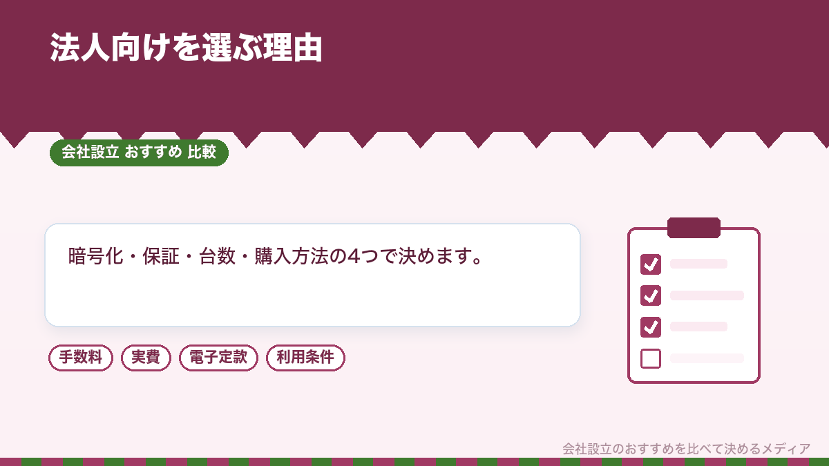 一人社長の会社が法人向けモデルを選ぶかどうかのチェック表を示したイラスト